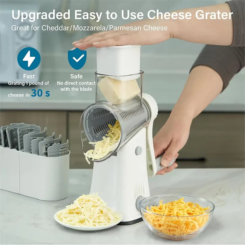 Showlu 5-in-1 rotary cheese grater in stainless steel with multiple blades for versatile food slicing and grating.