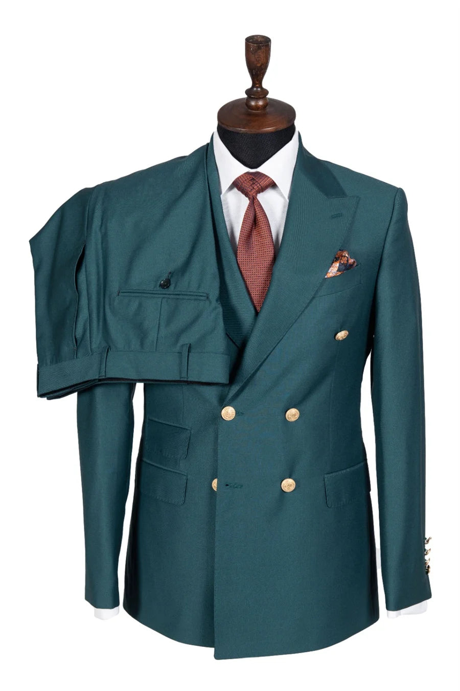 Slim fit double-breasted men's tuxedo with peak lapel, jacket and pants, suitable for weddings, parties, and formal events.