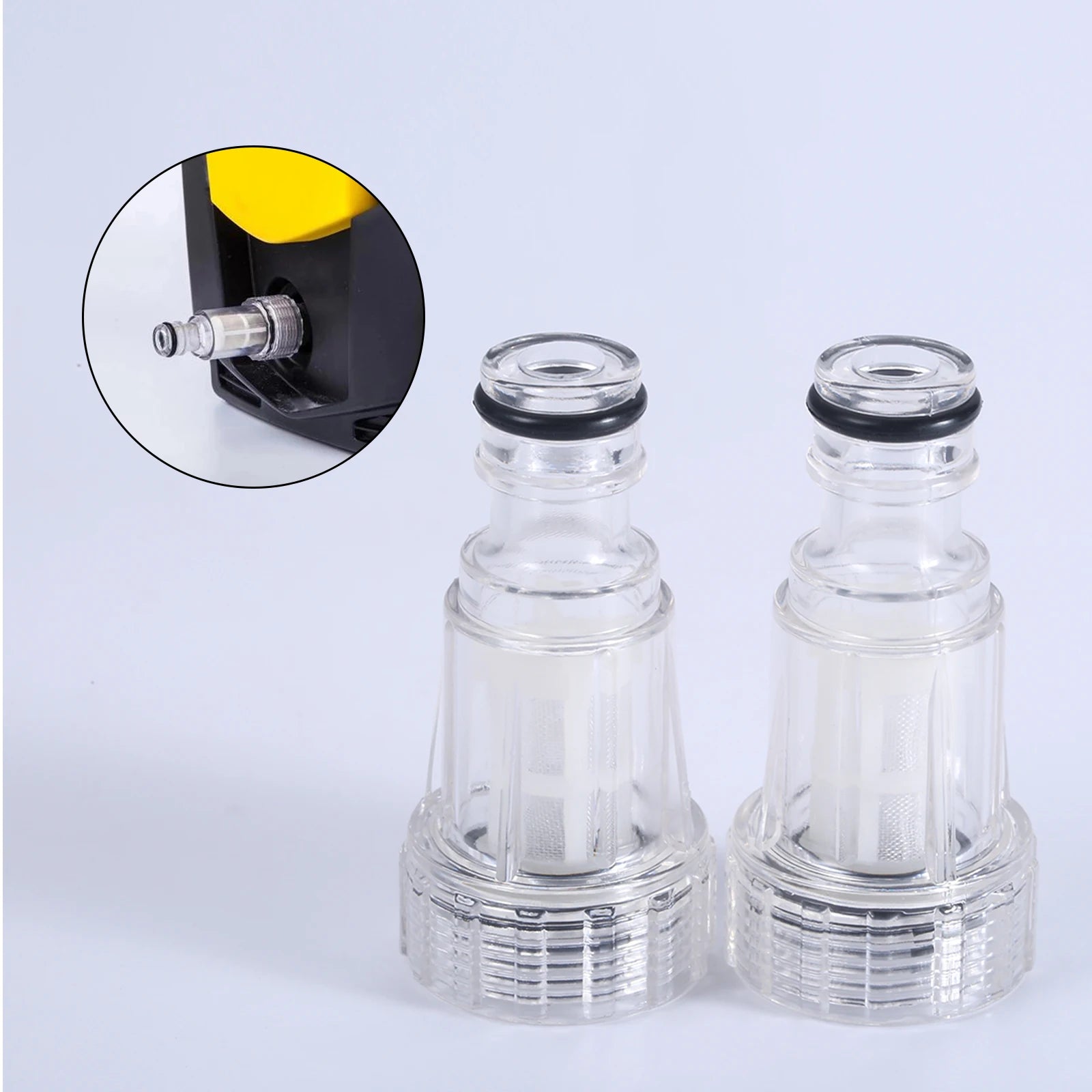High-pressure water filter fitting for Karcher K2-K7 pressure washers, showing durable connection fittings for car washing.