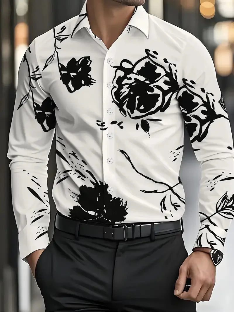 Men's long sleeve fashion shirt with striped and floral pattern, casual and four-season suitable, by Showlu Fashion Store.