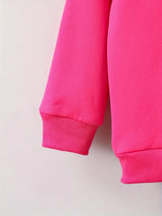 A close-up of a bright pink fleece sweatshirt sleeve with a ribbed cuff.