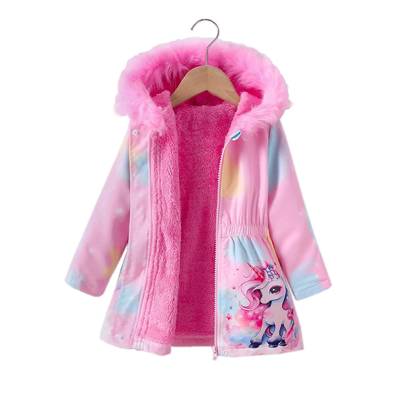 Pink unicorn winter coat for girls by Showlu Fashion Store, thick cotton padded jacket with cozy insulation and playful unicorn design.