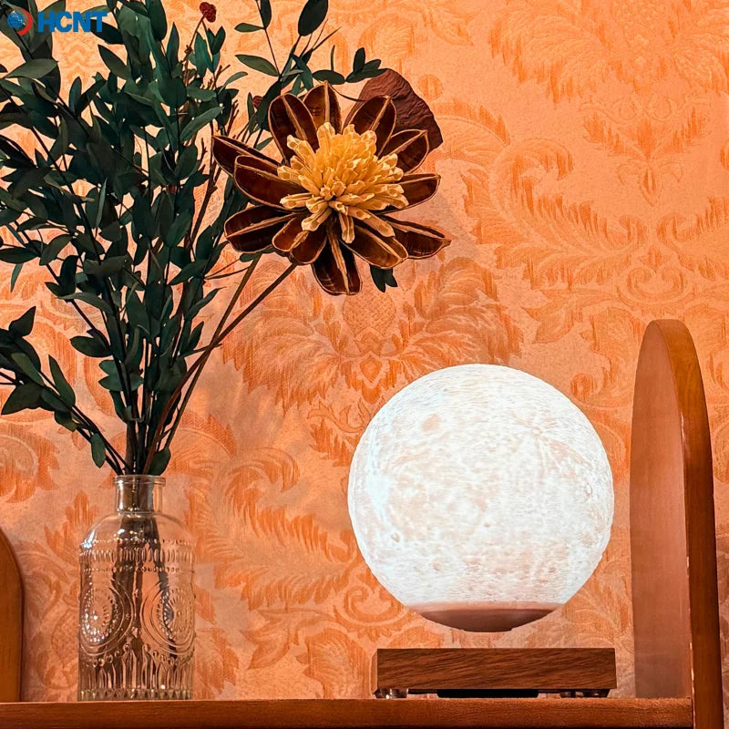 Magnetic levitating moon lamp by Showlu Smart General floating in mid-air with a glowing, realistic moon design.