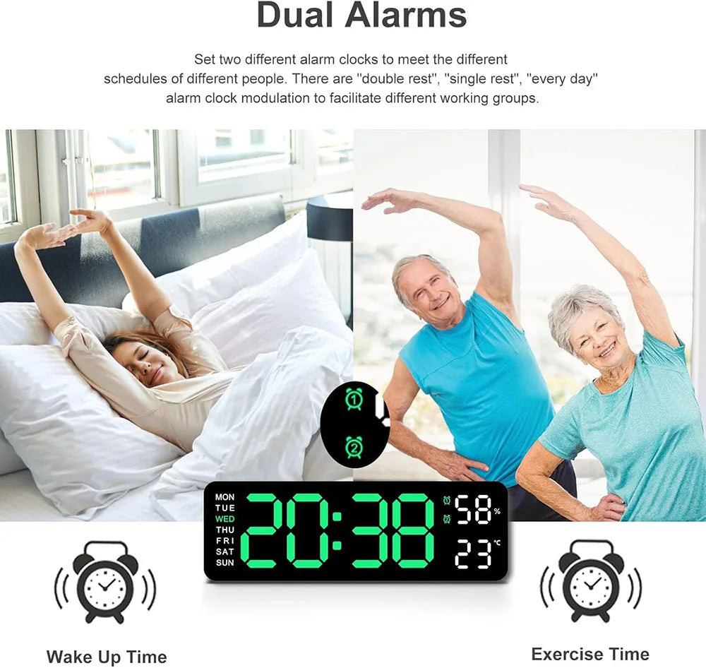 Large LED digital wall clock by Showlu Smart General with USB alarm, clear display, perfect for home or office use.