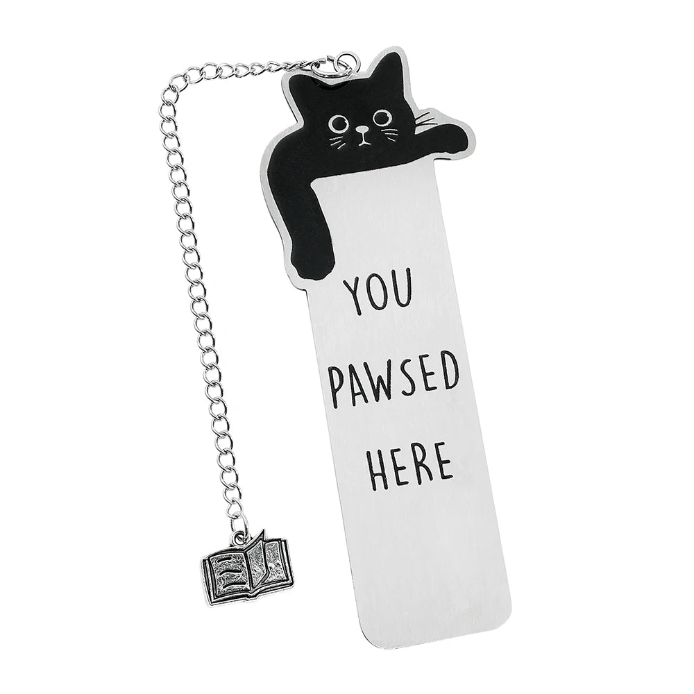 Colorful stainless steel waving cat bookmark with geometric design, ideal for marking pages in books.