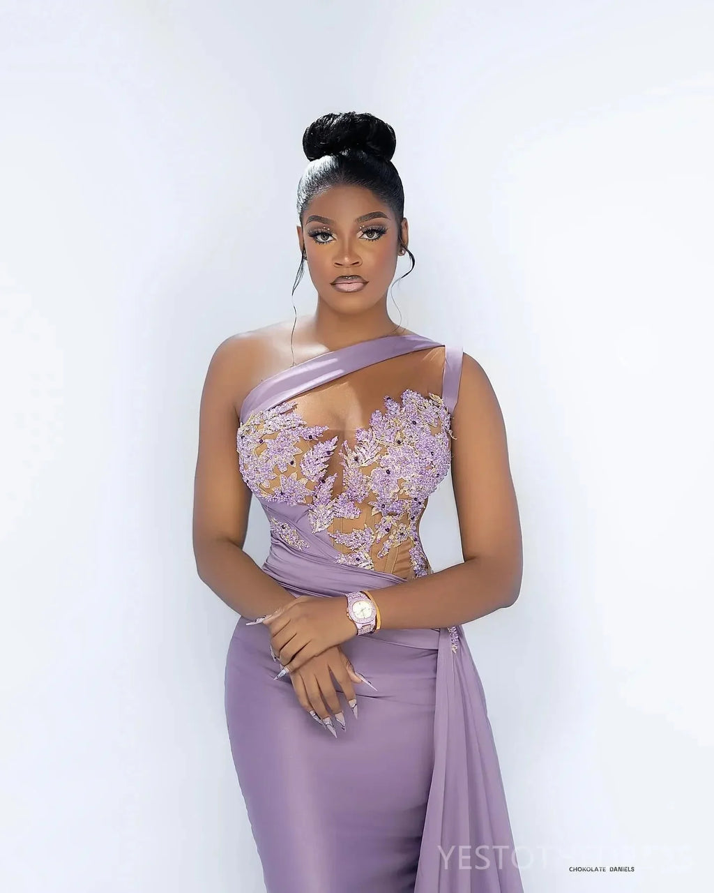 Lavender one-shoulder mermaid evening gown with beaded lace details by SHOWLU FASHION STORE, featuring elegant draping and intricate embroidery.