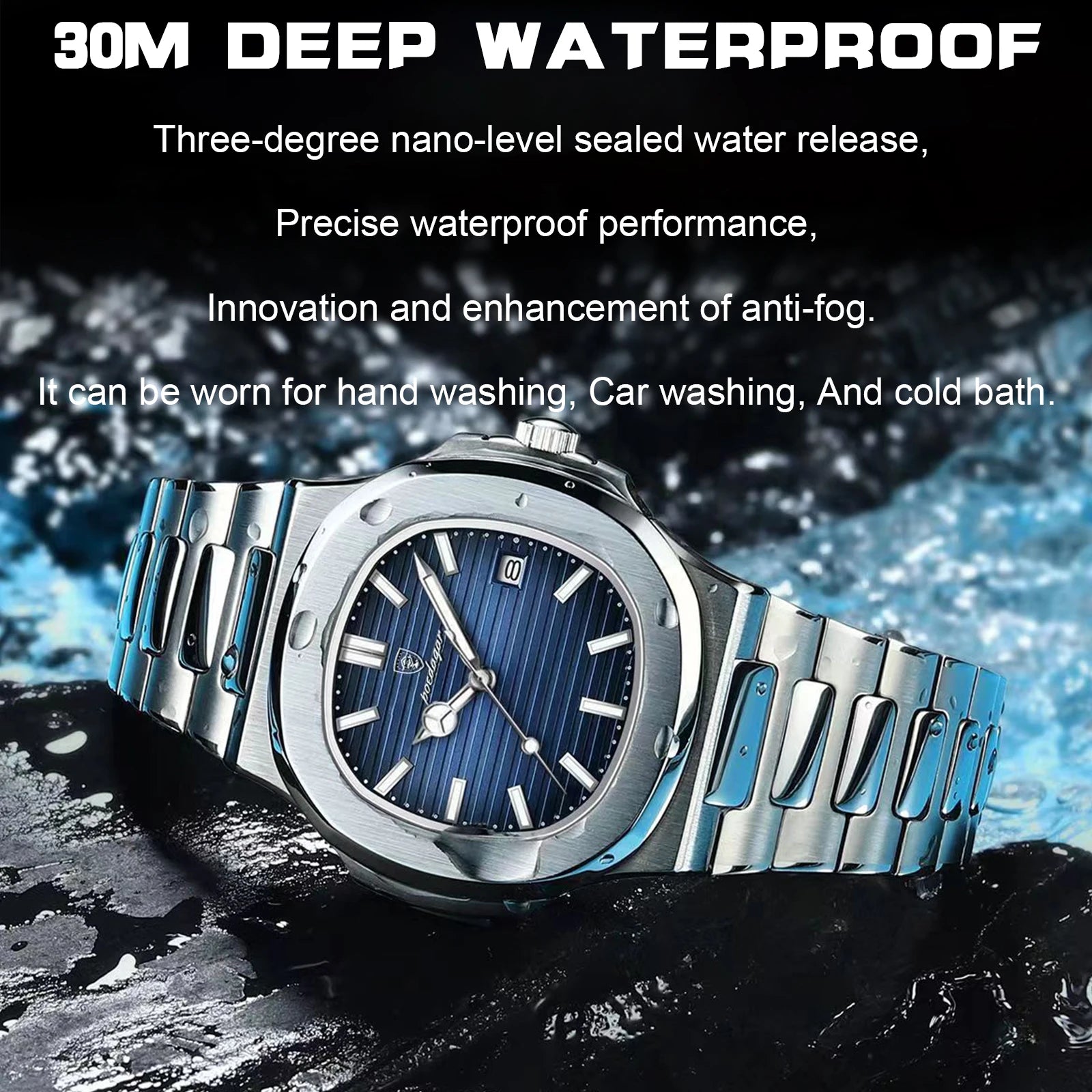 Square luxury men's wristwatch by Showlu Fashion with stainless steel case, luminous dial, waterproof design, and quartz movement.