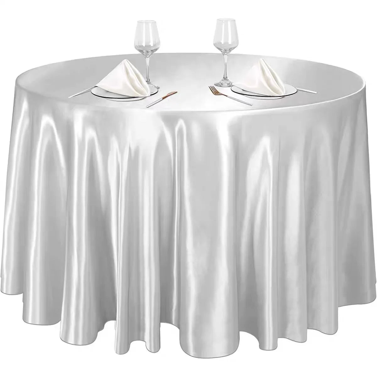 Round satin wedding tablecloth in bright silk with smooth finish, ideal for Christmas, banquet, and anniversary party table decor.