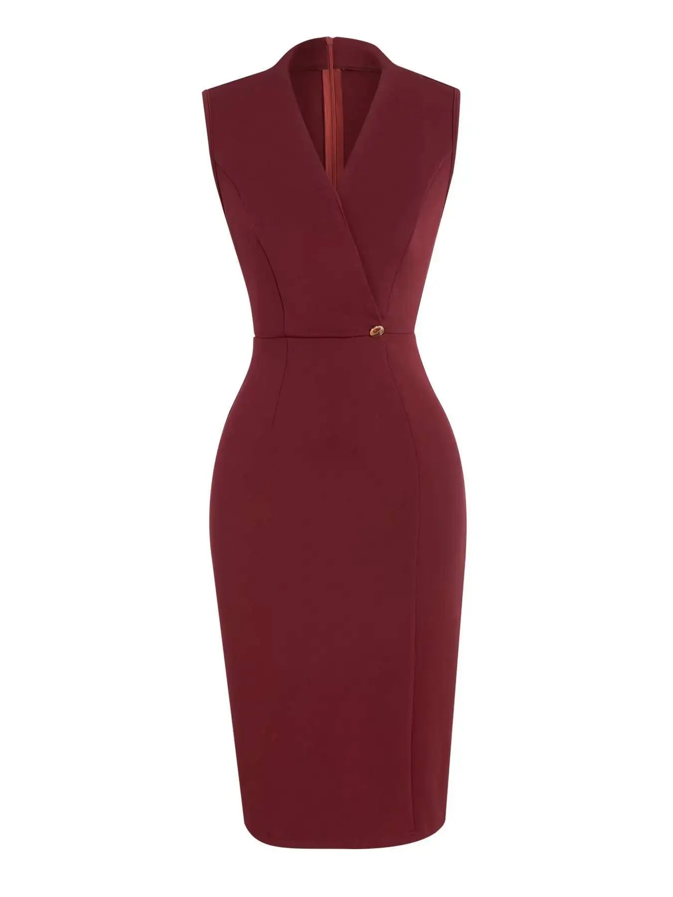 Showlu Women's Burgundy V-Neck Midi Dress featuring a bodycon fit and wrap design, perfect for elegant party and formal occasions.