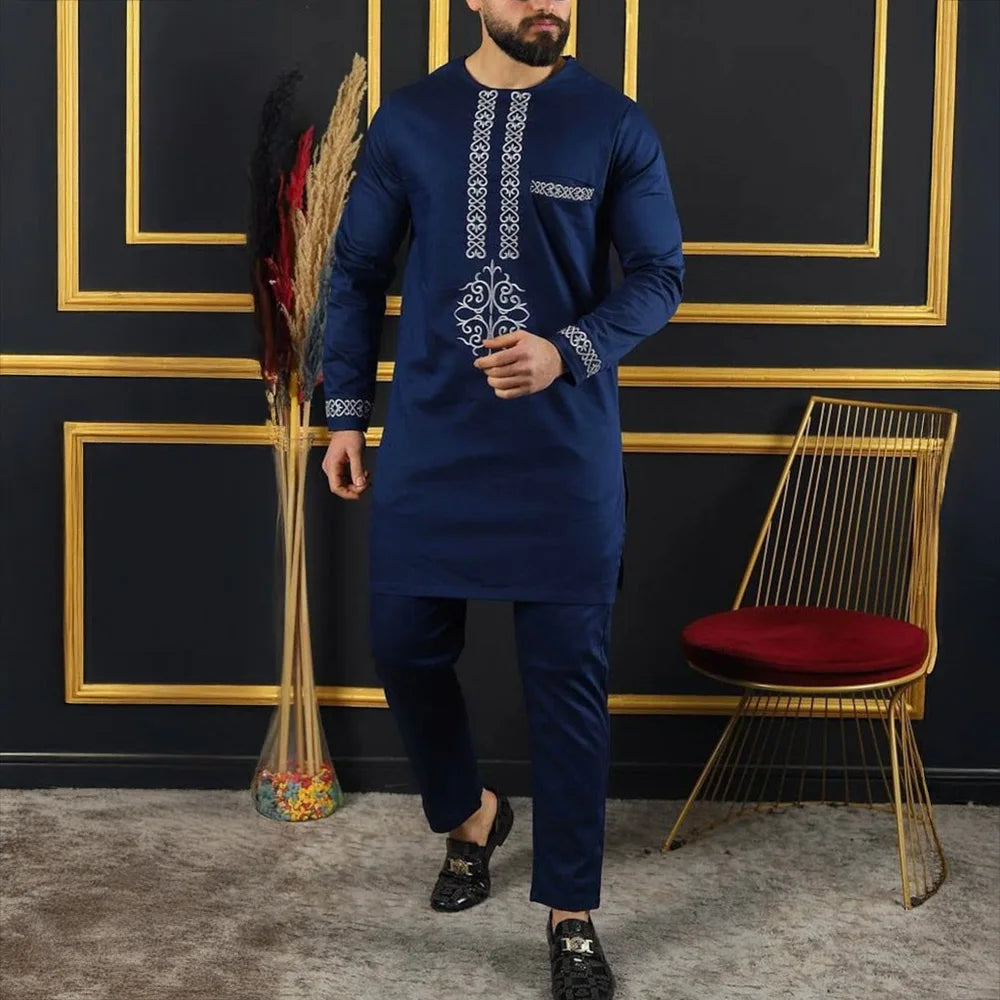 New In African Summer Business Men's Short Sleeve Suit Embroidery Dashiki Shirt Pants Sets 2 Pieces Outfits Wedding Party 2025