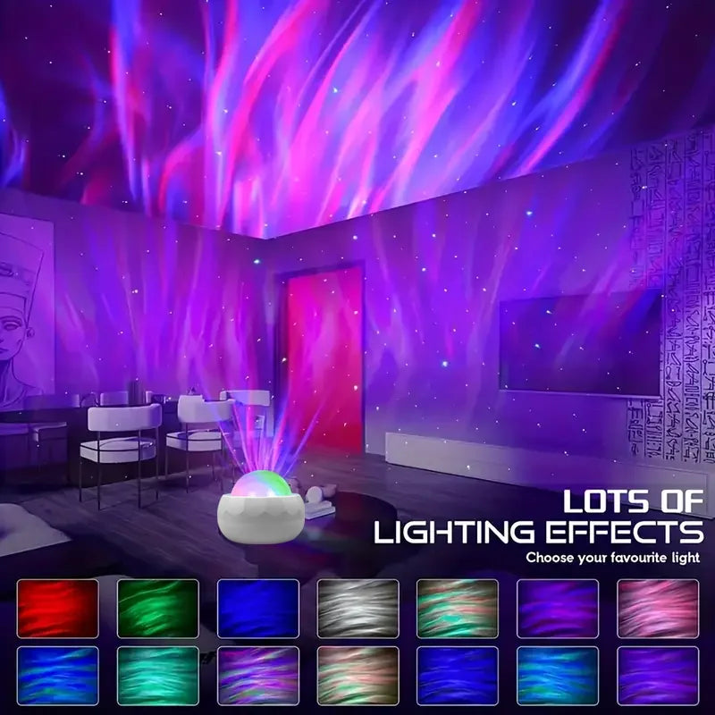 Showlu Smart Aurora Borealis Projector displaying colorful northern lights pattern on a wall in a cozy room setting.