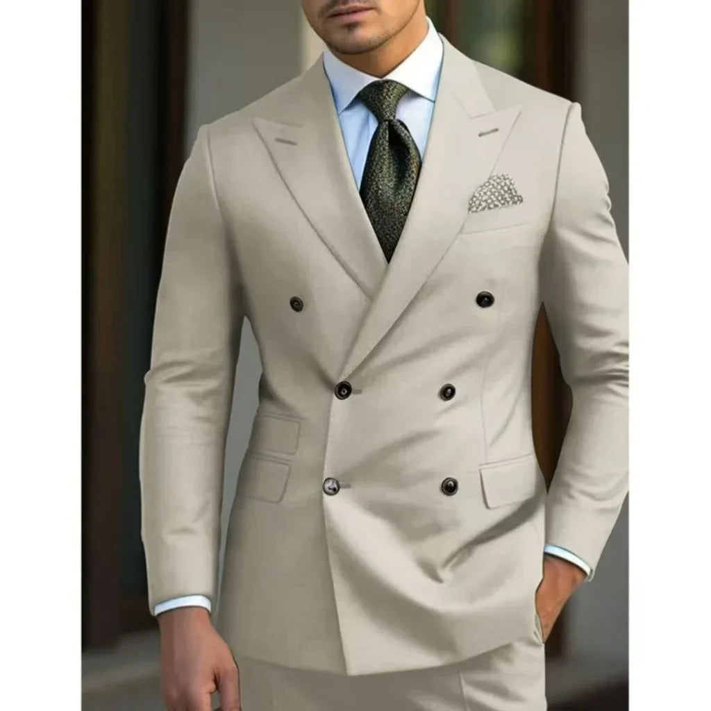 Men's 2-piece outfit set with slim high-quality jacket, pointed collar, peak lapel, ideal for summer beach or wedding attire.