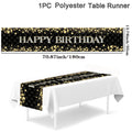 Black gold birthday table runner with celebratory design, suitable for 18, 30, 40, or 50th birthday party table decoration.