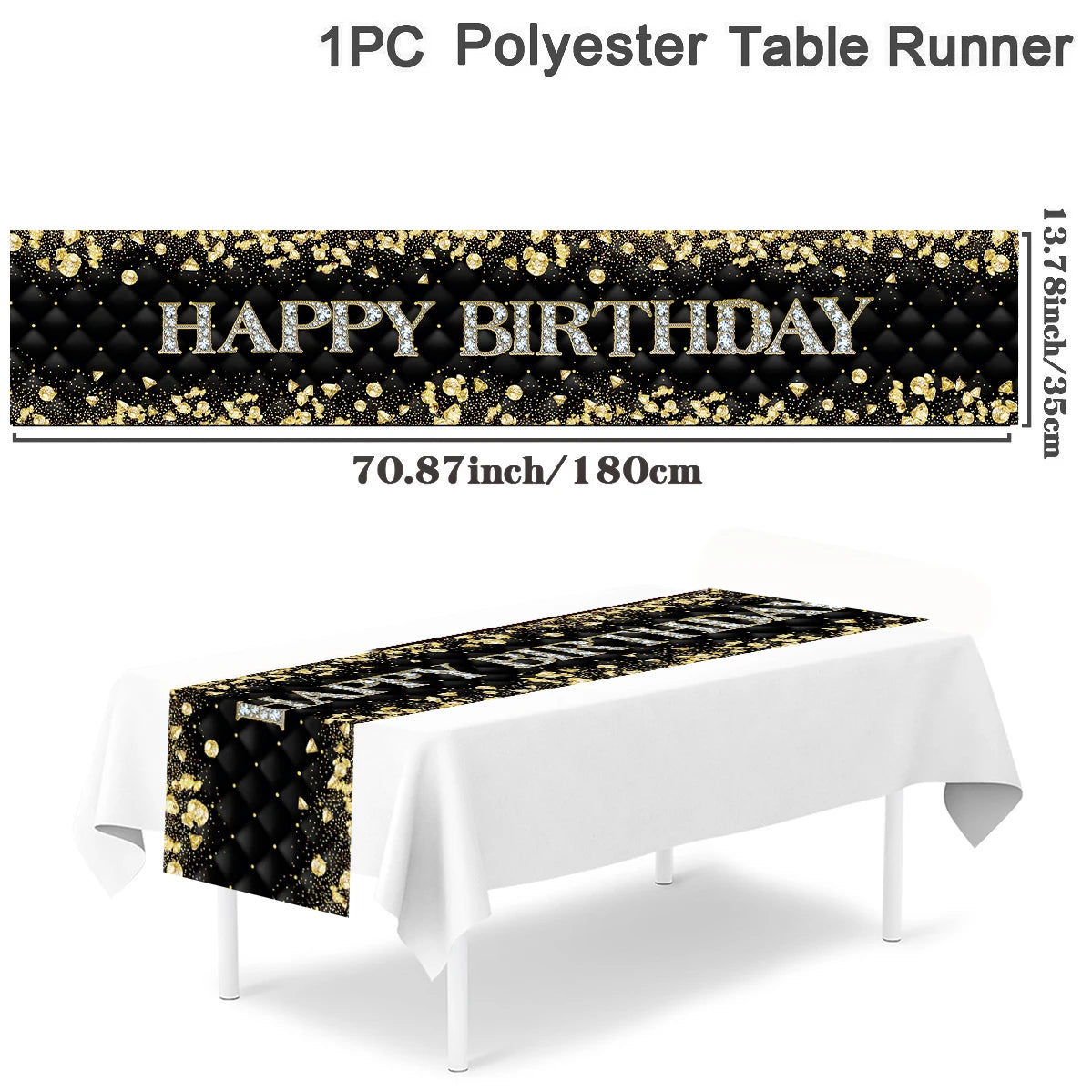 Black gold birthday table runner with celebratory design, suitable for 18, 30, 40, or 50th birthday party table decoration.