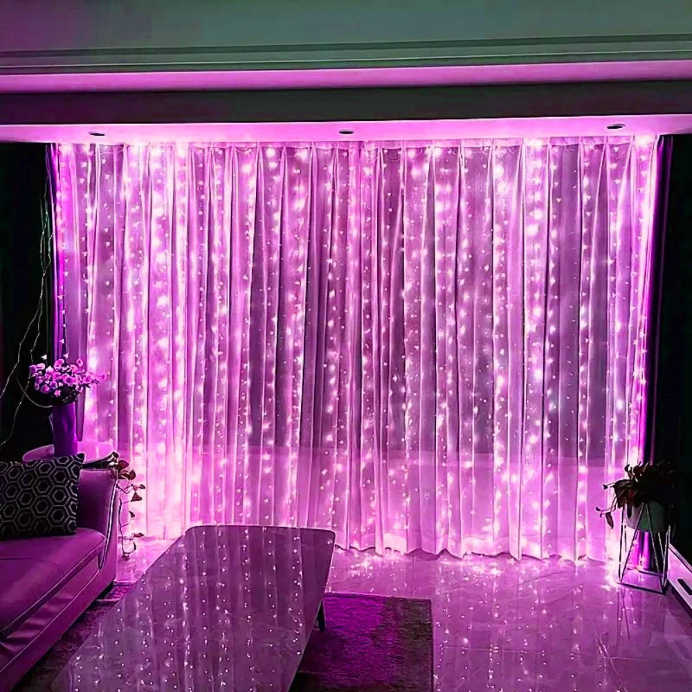 Showlu Smart General LED curtain fairy lights hanging with warm white glow, perfect for home decor and festive lighting.