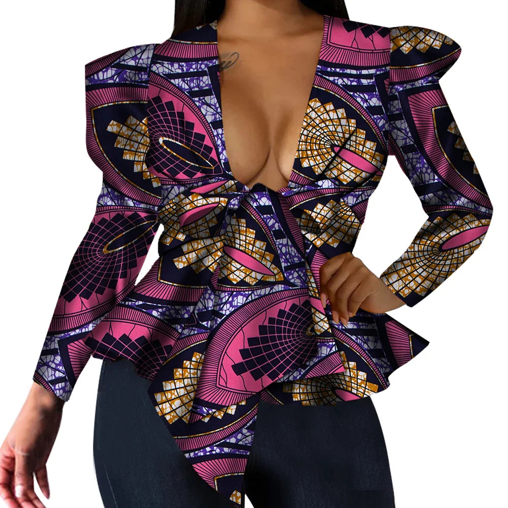 BintaRealWax women's African print dashiki V-neck long sleeve cotton top in vibrant colors, showcasing traditional African fashion style.