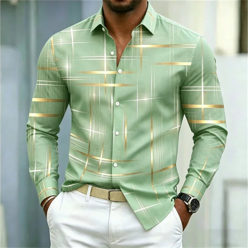 2026 men's shirt with fashionable printed lines, checkered long sleeved shirt, lapel, slim fit, business casual men's shirt