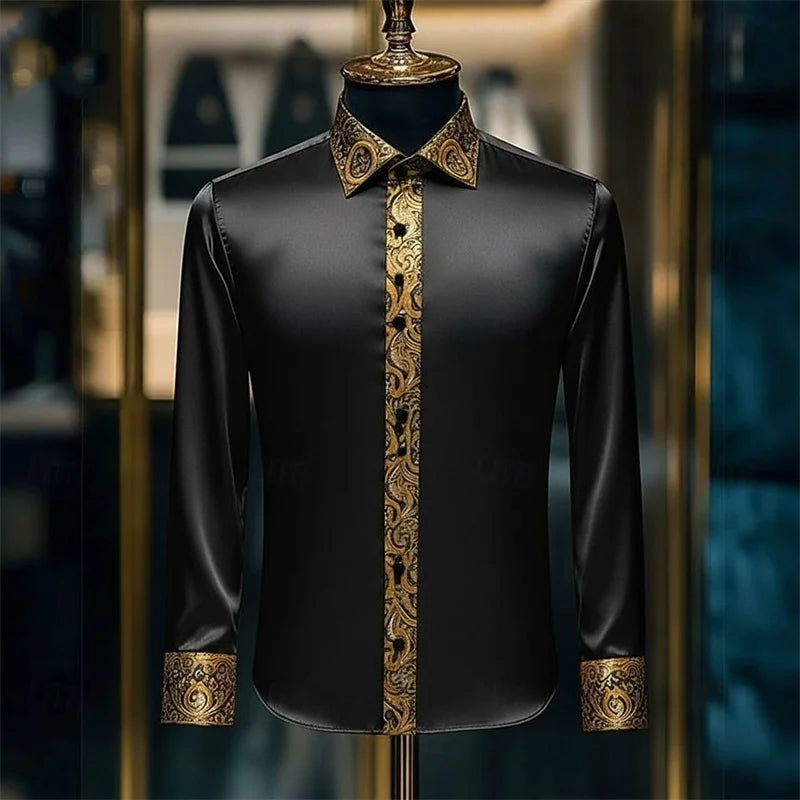 Men's luxury long sleeve silk shirt in white and brown with paisley pattern, slim fit, casual lapel, from Showlu Fashion Store