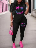 2026 Women's New Paris Printed Two-Piece Set, Casual Short-Sleeved Round Neck T-Shirt and Tight Pants Long Pants Set