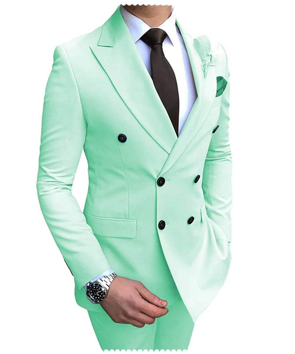 Beige men's 2024 slim fit suit with blazer and pants, double-breasted, notch lapel, ideal for weddings and formal occasions.