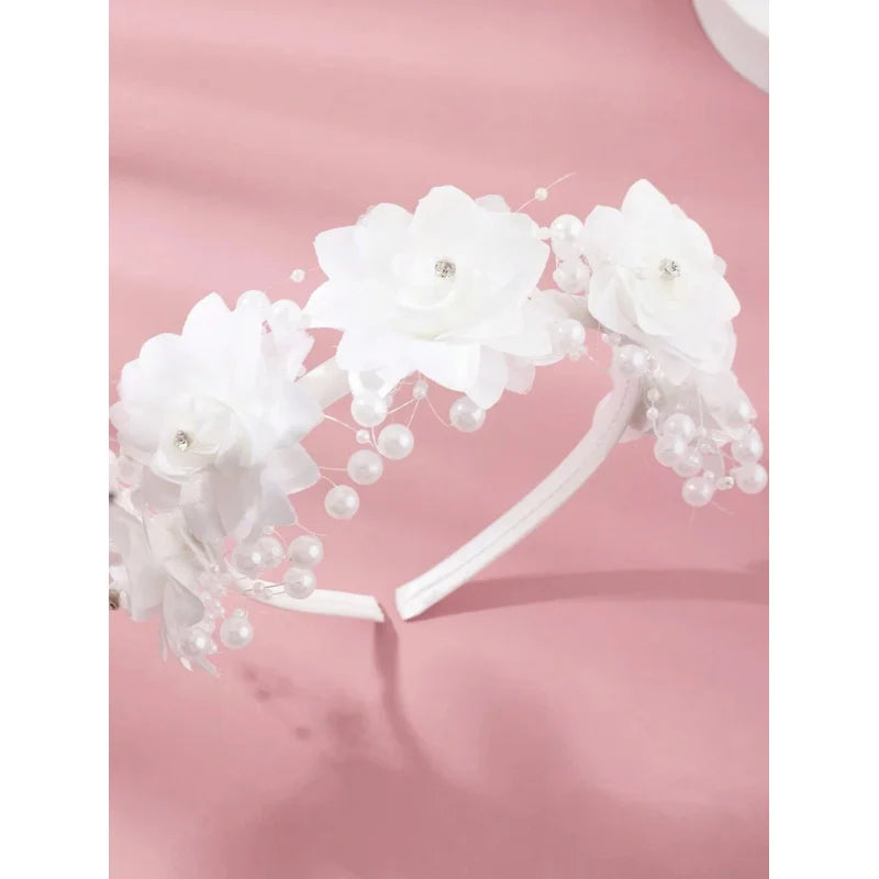 White flower girl headband with elegant floral design for wedding and bridal party hair accessories, by Showlu Fashion Store.