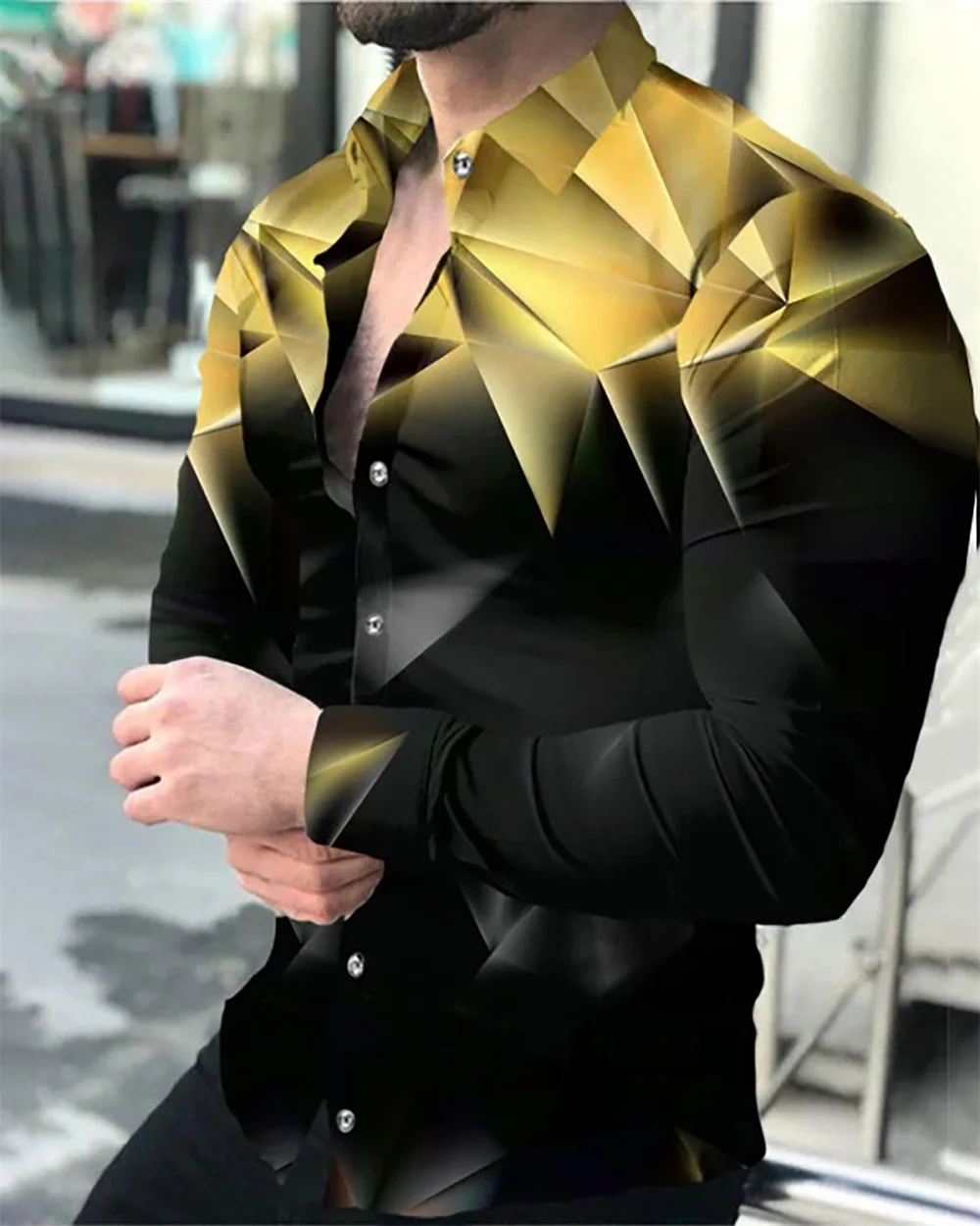 Men's casual long-sleeved button-up shirt with designer prints, lapel collar, perfect for parties and social events, by Showlu Fashion.