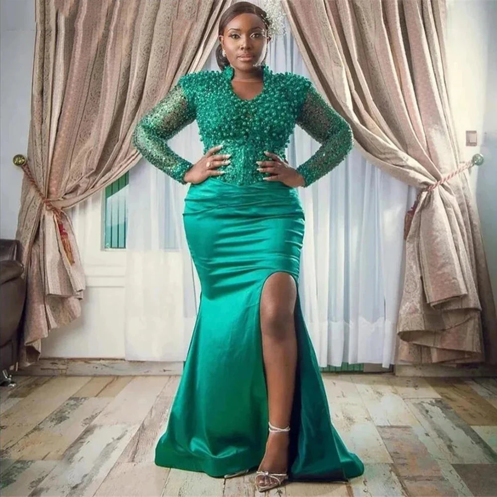 Elegant Queena Novias mermaid prom dress by SHOWLU FASHION with crystal bead embellishments, African evening gown style.