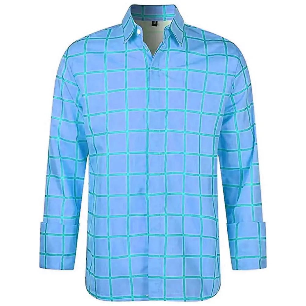 Casual men's and women's long sleeve plaid shirt with 3D printed lapel in summer colors, stylish unisex fashion top by Showlu Fashion.