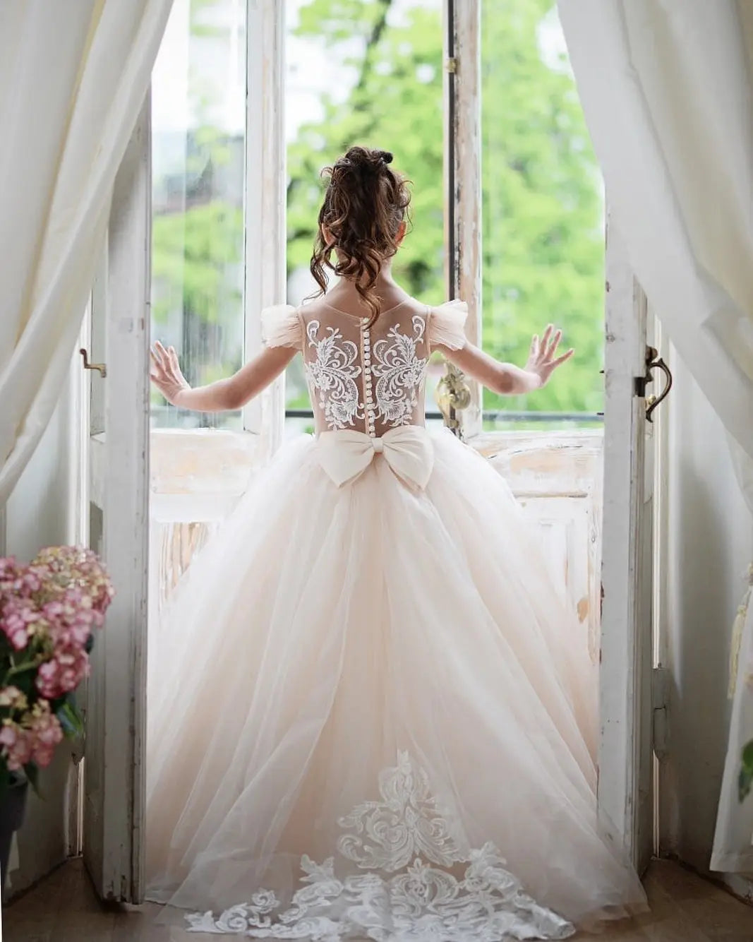 Lace flower girl dress by Showlu Fashion Store with floral tulle ball gown design for weddings and special occasions.