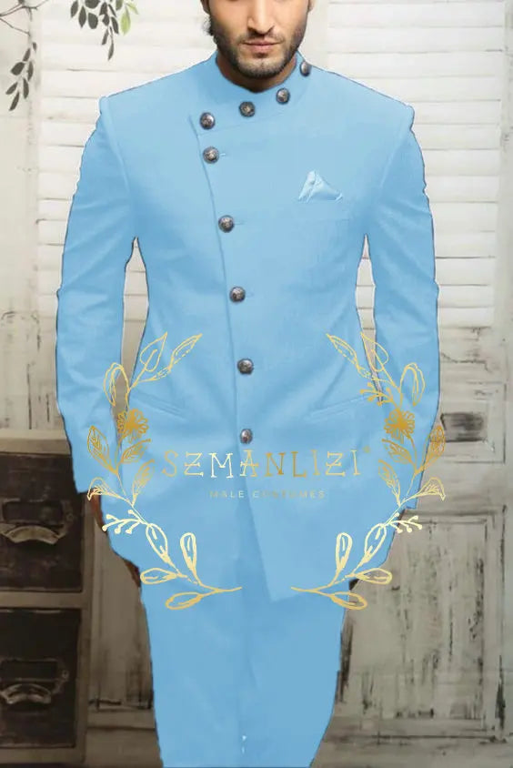 Navy blue Indian design men's suit by Showlu Fashion, slim fit formal blazer and trousers for wedding or business occasions.