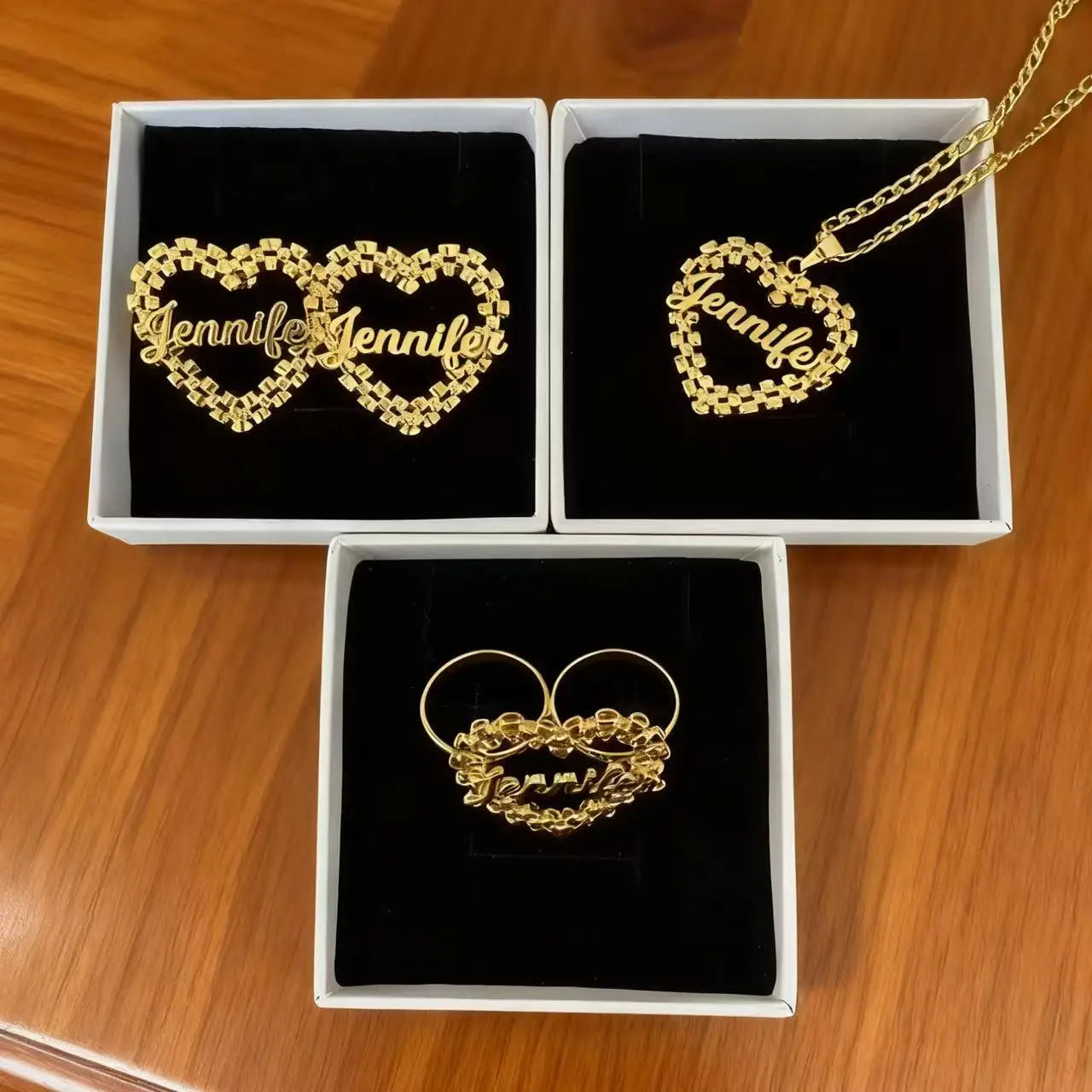 Personalized heart name jewelry set by Showlu Fashion, featuring custom necklace and earrings with heart-shaped design