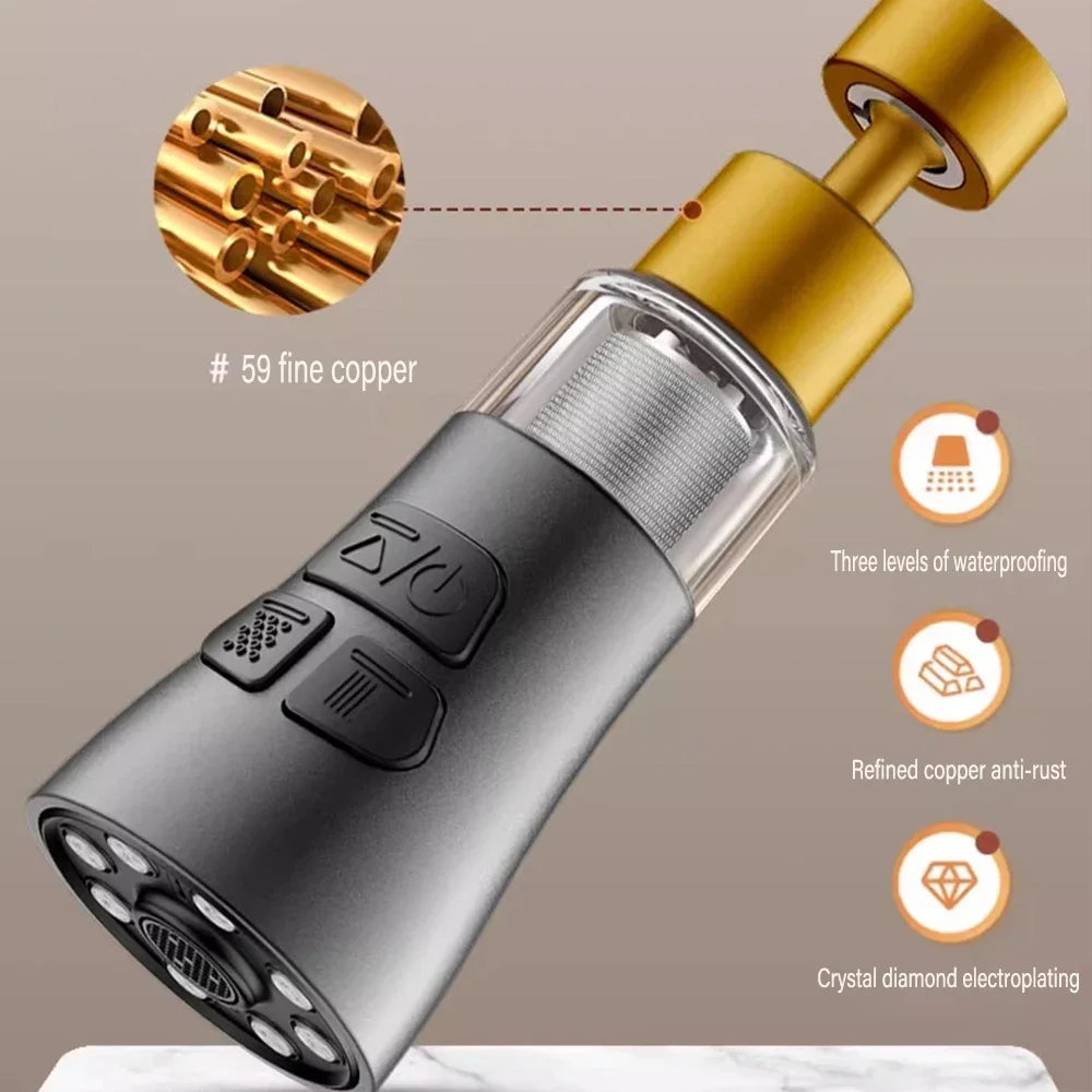Showlu 360° universal kitchen faucet extender with filter aerator nozzle, showcasing the adjustable nozzle and sleek design