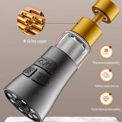 A grey and gold kitchen faucet aerator with a filter and adjustable spray settings.