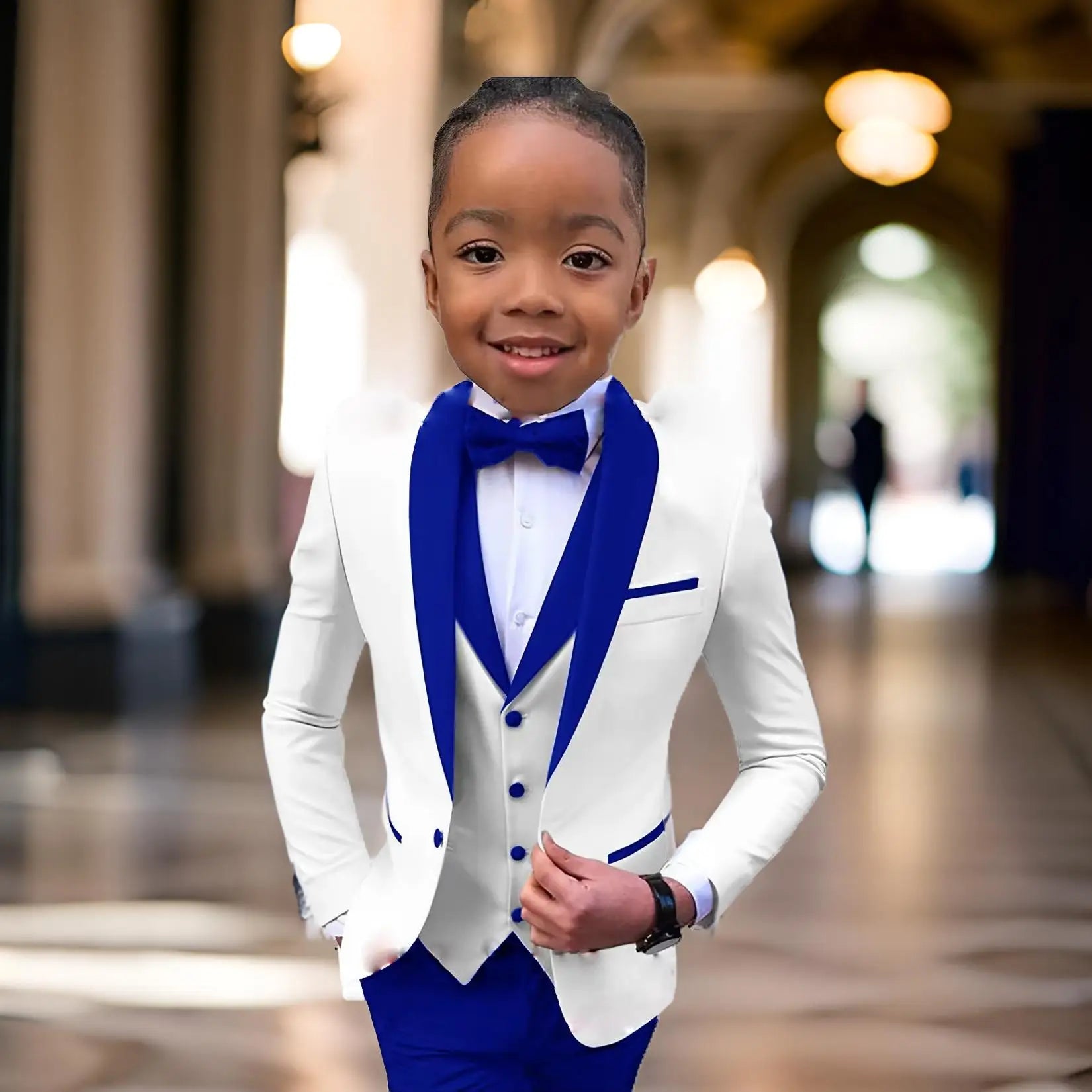 White boys' tuxedo suit with royal blue collar, 3-piece formal wedding outfit for children aged 2-16, by Showlu Fashion Store.