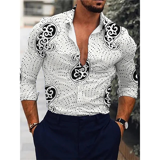Hawaiian piano luxury designer men's shirt with floral 3D print, long sleeve casual single-breasted top by Showlu Fashion.
