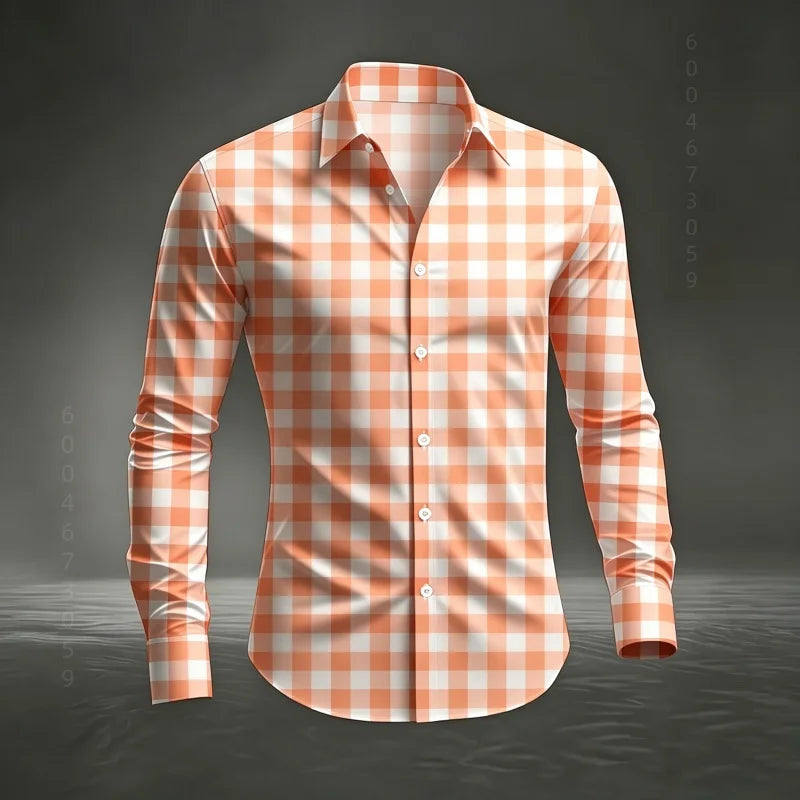 2026 Men's New Classic Plaid Shirt with Plaid Printing, Slim Fit Collar Long Sleeve Shirt, Men's Top, Comfortable Fabric XS-6XL