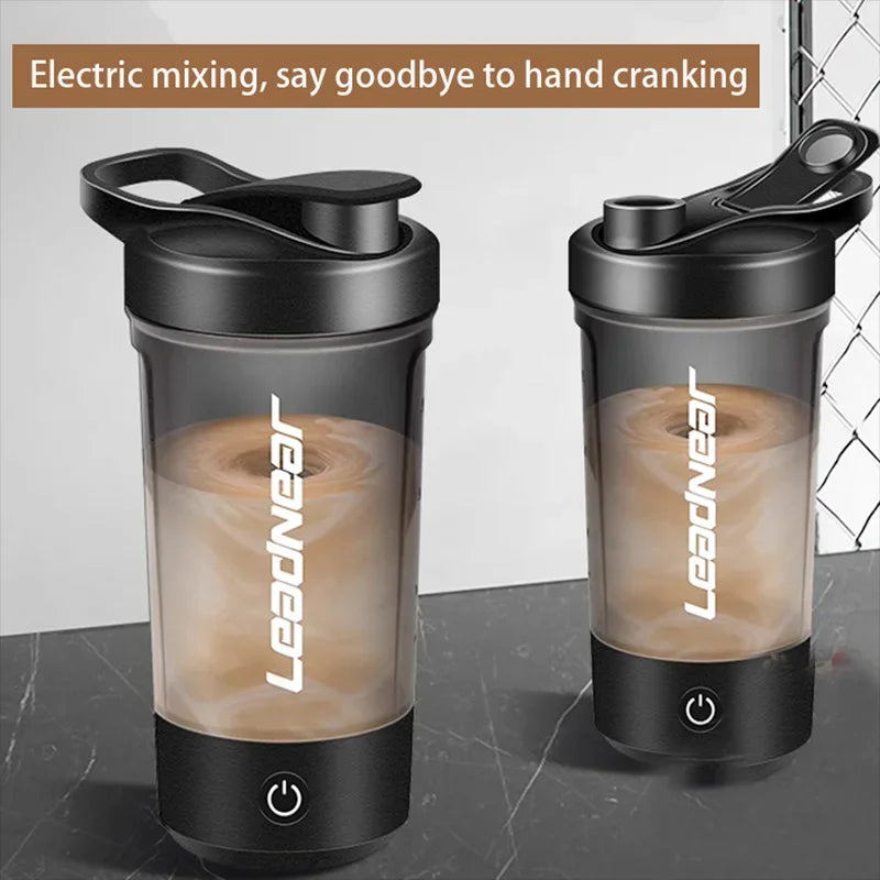 Showlu Smart General portable USB electric protein shake blender cup with blending blades and transparent container.