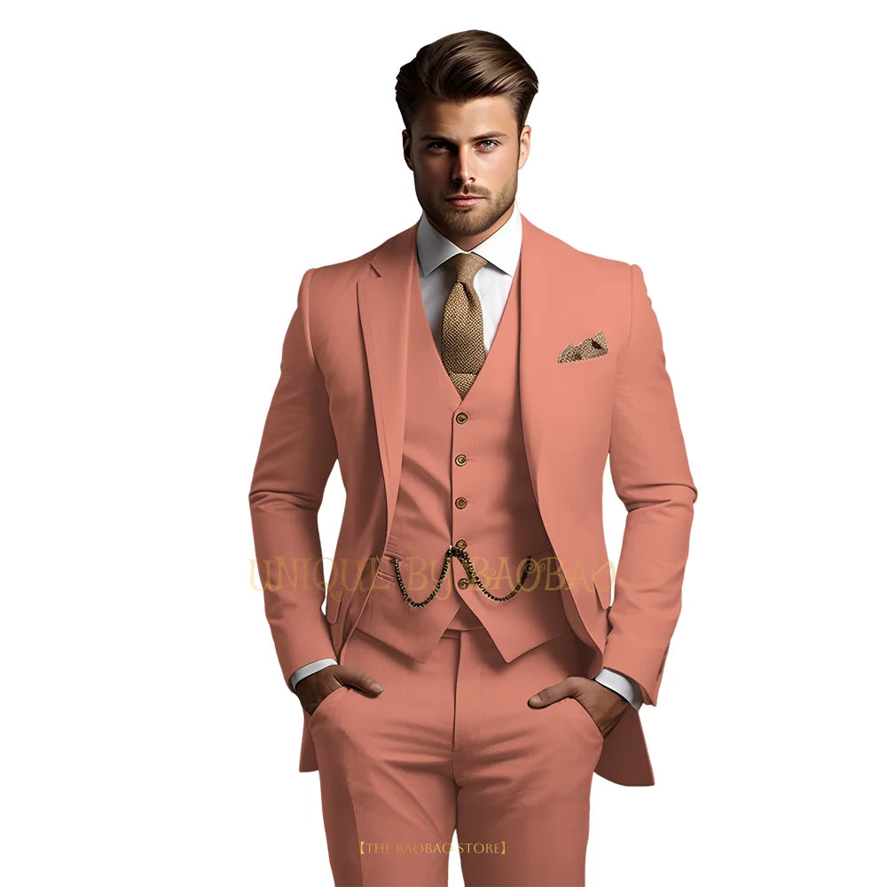 Men's grey 3-piece suit with jacket, vest, and trousers, elegant classic wedding and formal attire by Showlu Fashion Store.