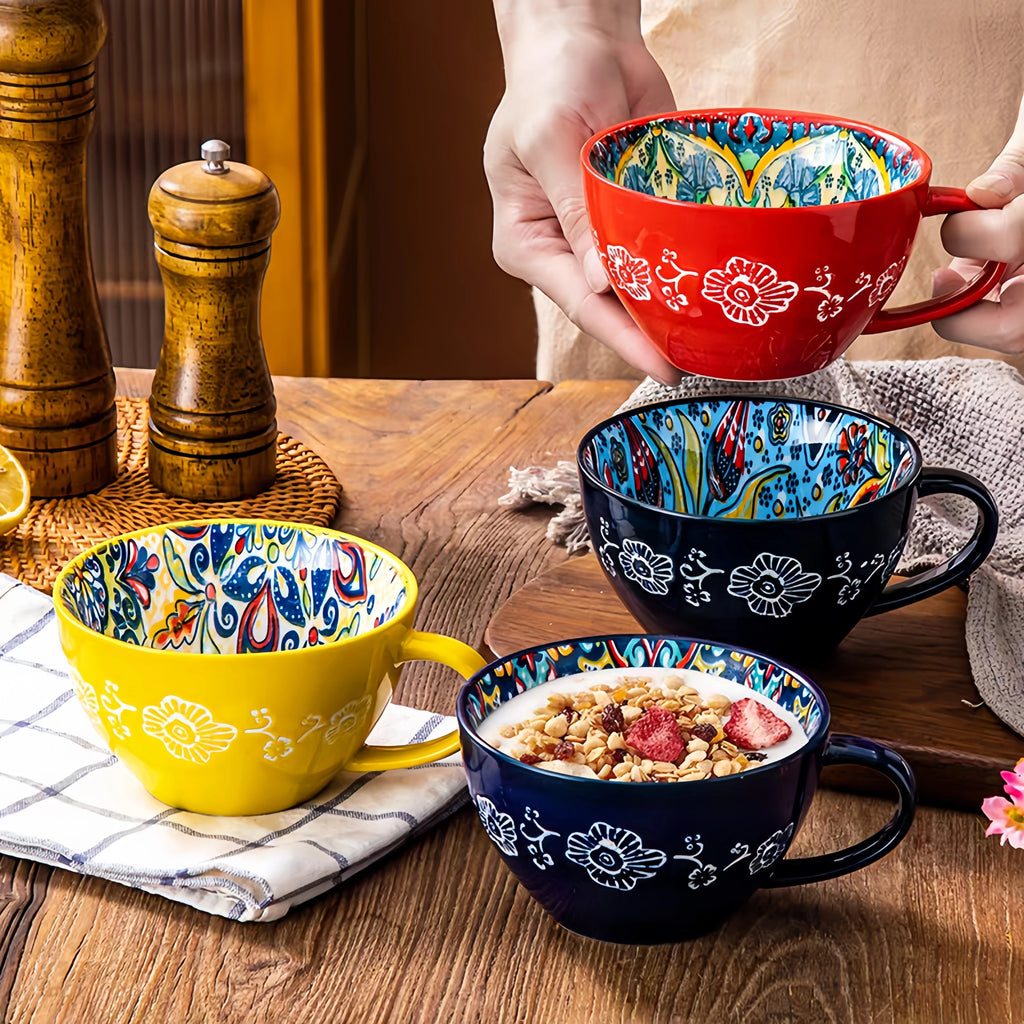 Showlu Fashion Bohemian ceramic coffee mug, 13.5 oz porcelain tea cup with colorful boho design and smooth finish.