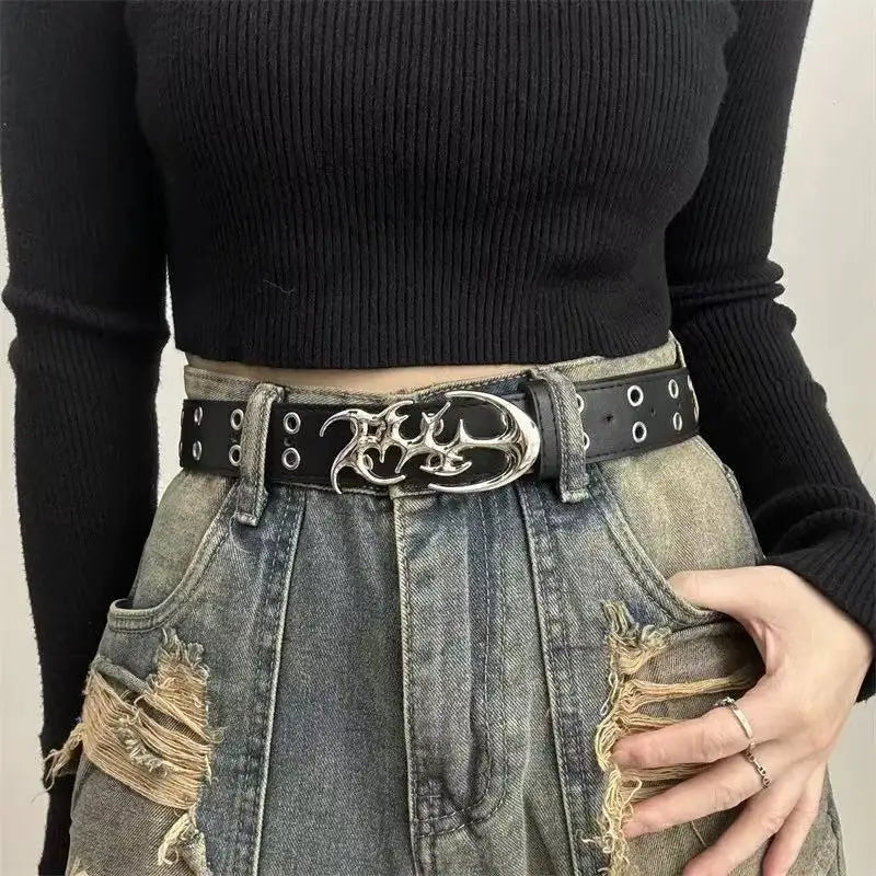 Stylish Y2K hollow PU leather punk belt for men and women, neutral color, plus size fashion accessory.
