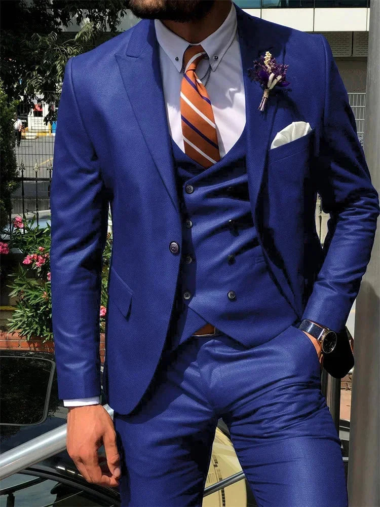 Dark blue SHOWLU men's 3-piece slim fit suit with cotton fabric, suitable for weddings and formal occasions, shown on a hanger.