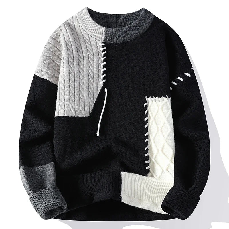 Patchwork men's sweater by Showlu Fashion for autumn and winter, stylish high street pullover with warm, hip-hop street fashion vibe