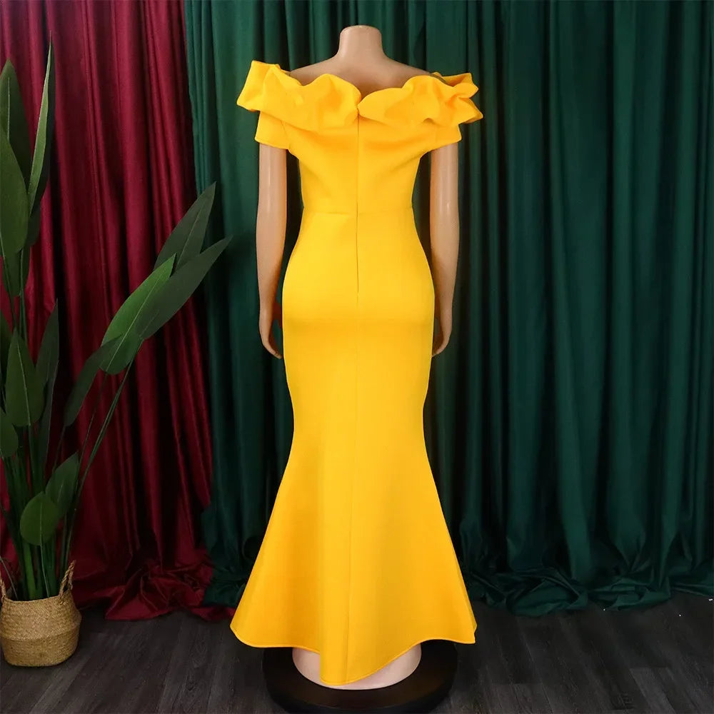 Elegant off-the-shoulder long mermaid dress for women, featuring short sleeves and floor-length design for formal occasions.