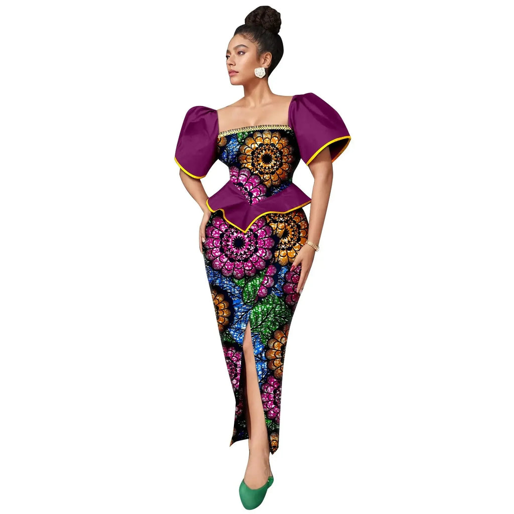 AFRIPRIDE women's Ankara print square neck puff sleeve A-line dress with vibrant pattern, stylish and flowy for casual or special occasions