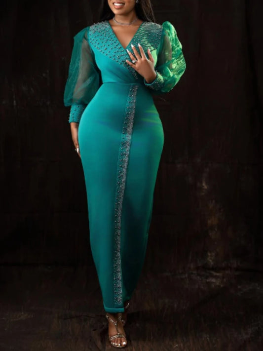 Luxury Guest Wedding Party Dresses Women Elegant V Neck Sheer Tulle Mesh Long Lantern Sleeves Beading Slit Fashionable Gowns