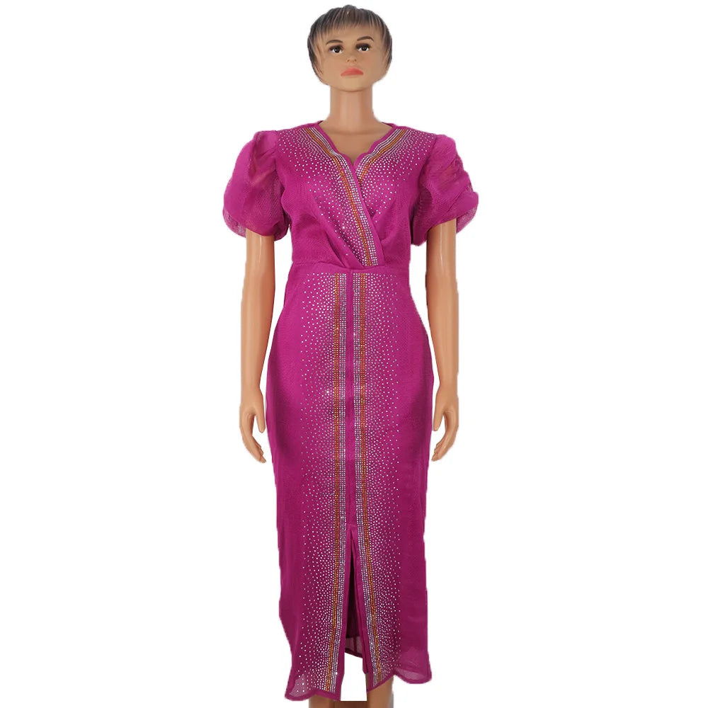 Showlu Fashion stretch mesh diamond-encrusted dress with V-neck and bubble sleeves, designed for elegant evening wear.