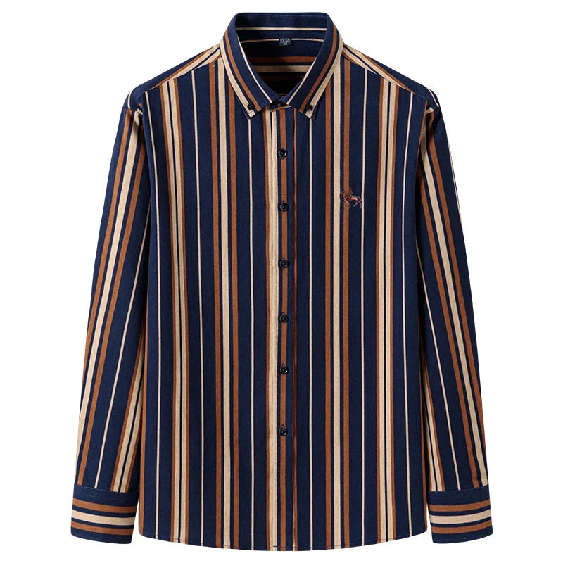 Men's slim fit casual shirt by Qi Xiu Cai, 100% cotton long-sleeve in 6XL, shown in dark color with button-front design.