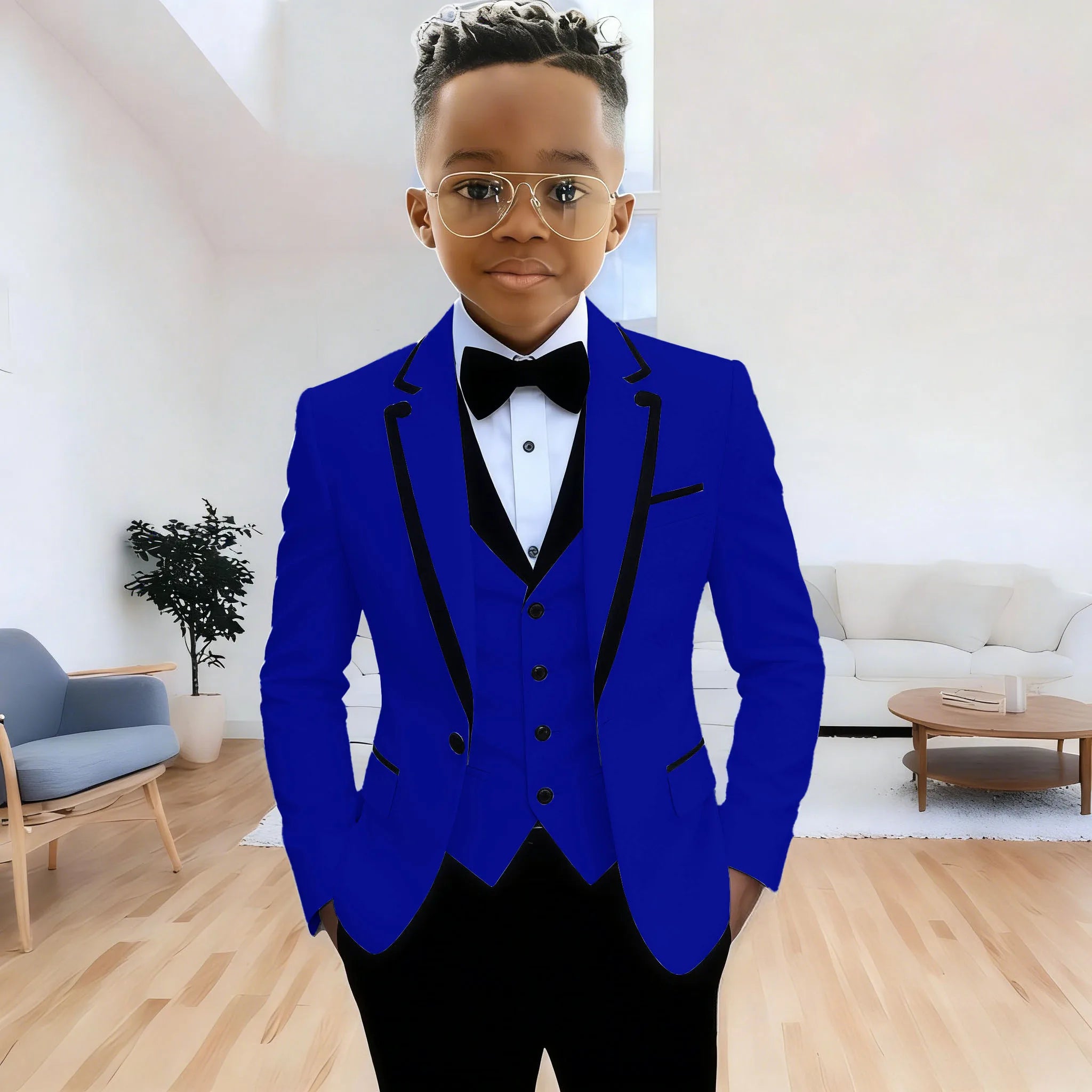 Showlu Smart General boys' formal suit with jacket, pants, and vest featuring notched lapel, perfect for wedding or party attire.