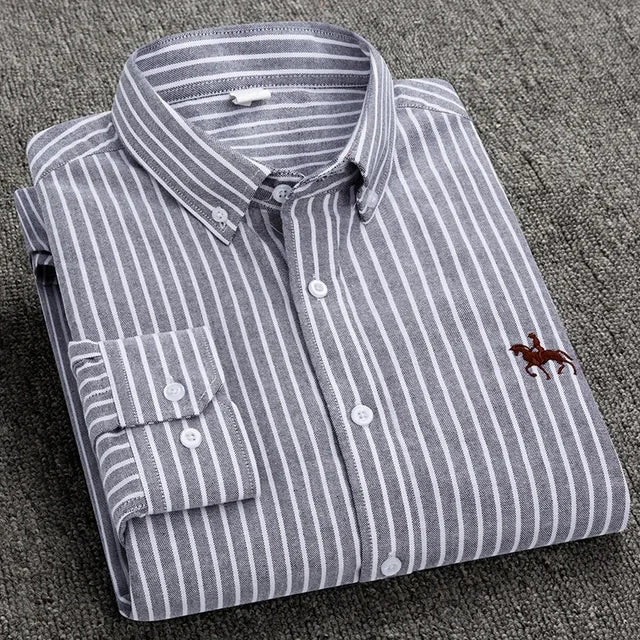 White men's casual cotton Oxford shirt with long sleeves and embroidered horse design, regular fit, fashion button closure.