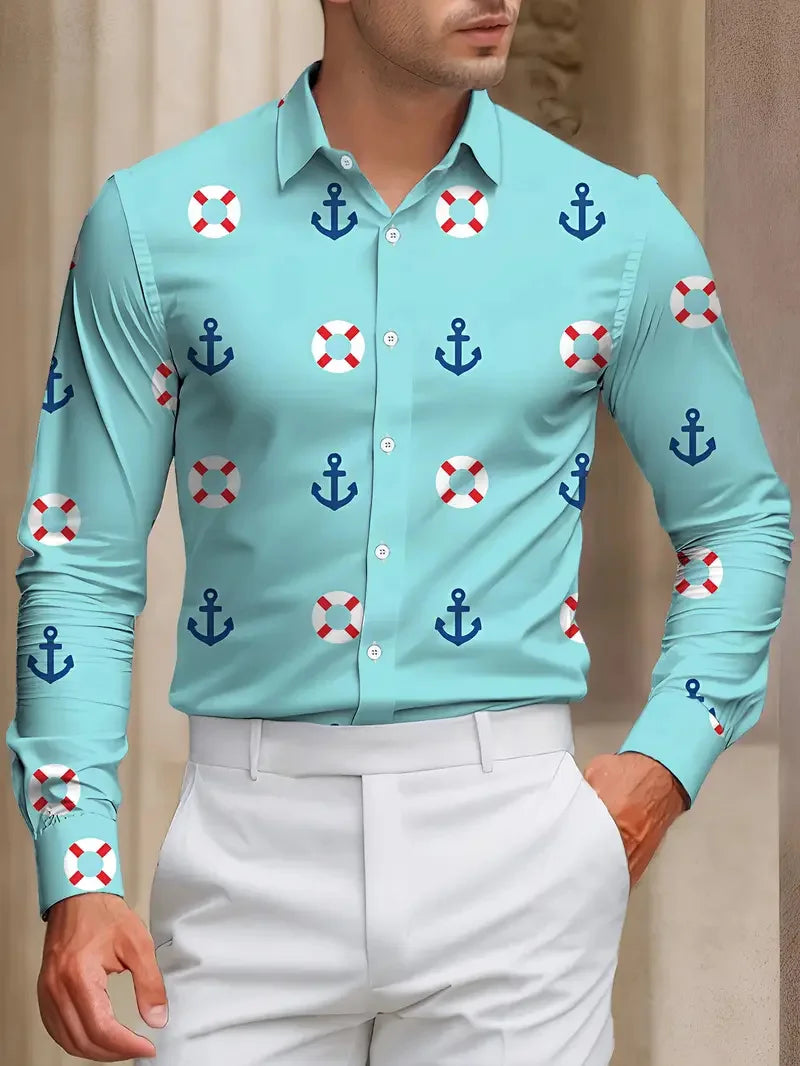 Men's sea blue casual shirt with 3D boat anchor print, short sleeve, long sleeve, and relaxed fit by Showlu Fashion Store